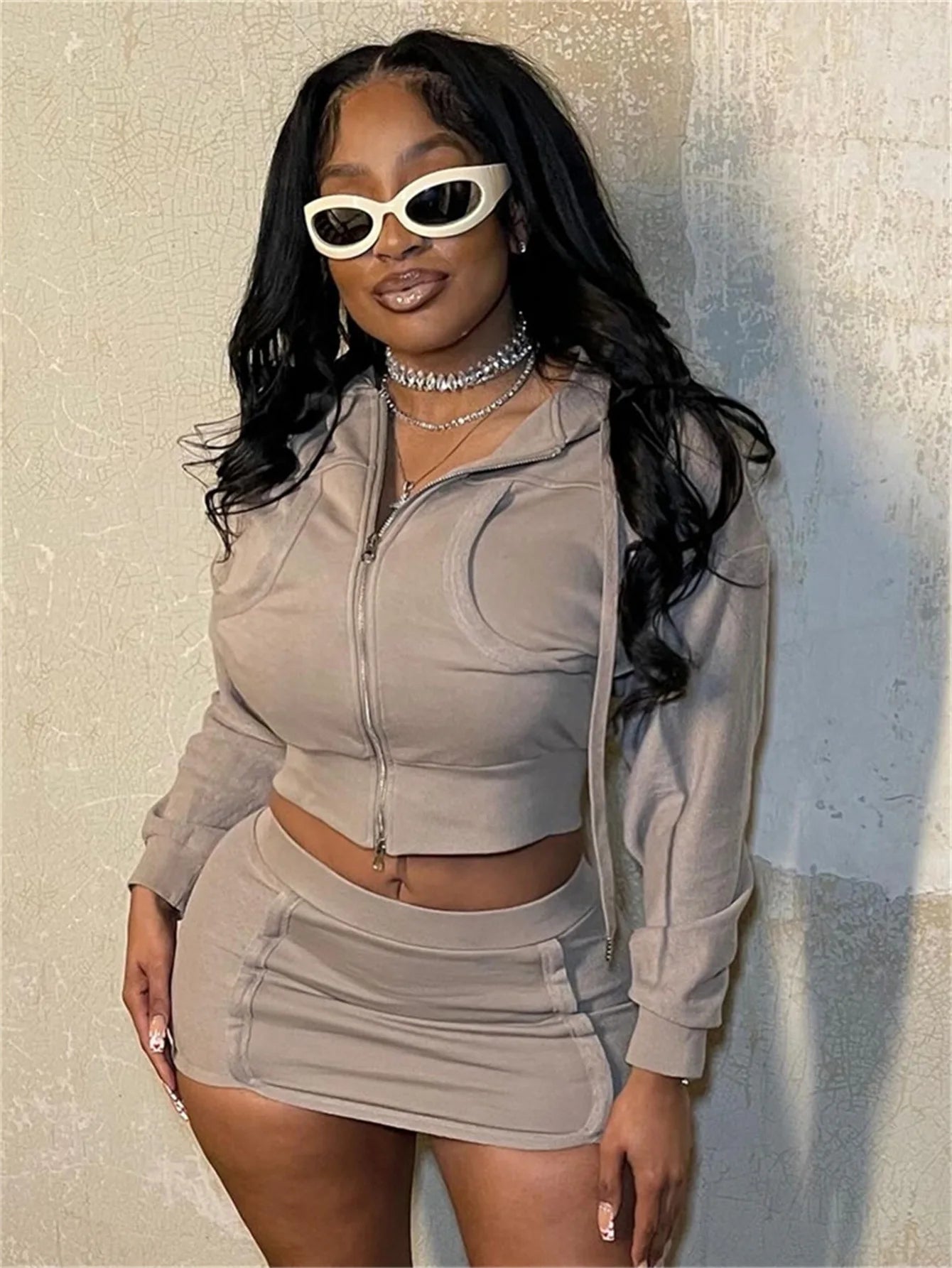 HLJ Spring New Casual 2 Piece Sets Woman Outfit Solid Zip Drawstring Crop Jacket and Bodycon Skirts Female Streetwear Clothing