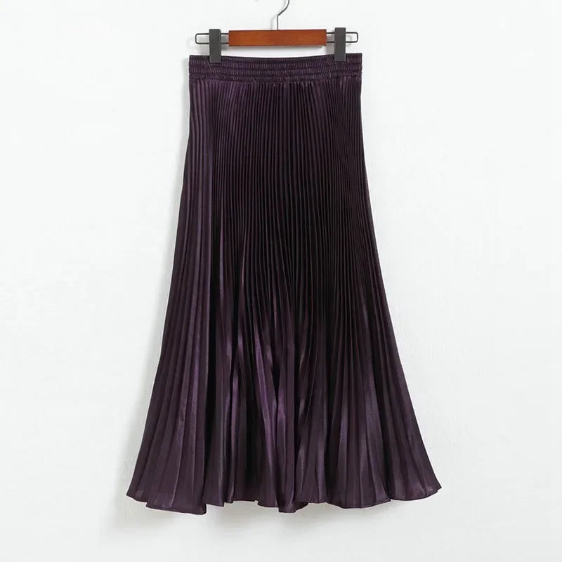 Women's Fashion Pleated Mermaid Long Skirt Korean Style Casual High Waist Satin Flowy Skirts Shiny 19 Colors 2024 Spring SK500