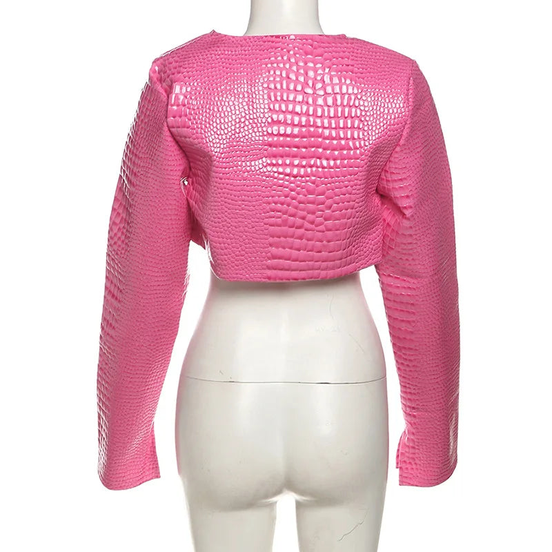 Women O Neck Long Sleeve PU Faux Leather Cropped Jackets Punk Grunge Casual Coats 2024 Spring Fall Harajuku Y2K Clothes