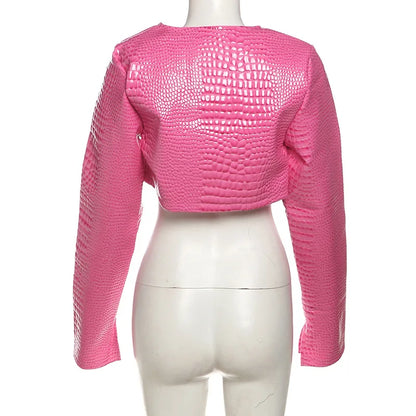 Women O Neck Long Sleeve PU Faux Leather Cropped Jackets Punk Grunge Casual Coats 2024 Spring Fall Harajuku Y2K Clothes
