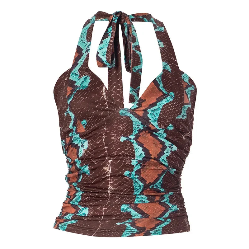 ANJAMANOR Brown Printed Crop Tops Woman Summer Clothes 2025 Sexy Lace Up Deep V Neck Backless Tanks for Womens D85-AH11