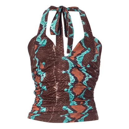 ANJAMANOR Brown Printed Crop Tops Woman Summer Clothes 2025 Sexy Lace Up Deep V Neck Backless Tanks for Womens D85-AH11