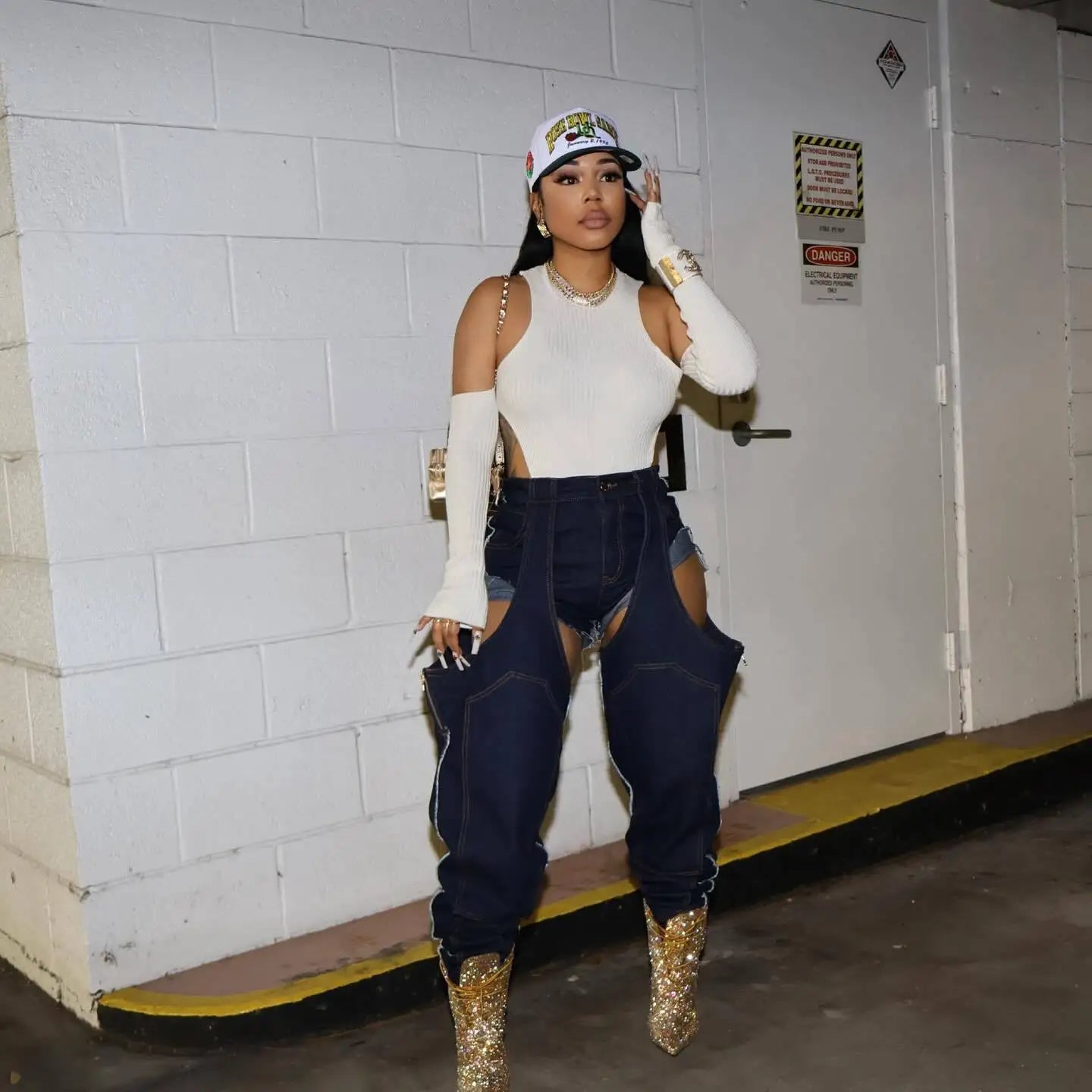 FAGADOER Hollow Out Sexy Denim Pants Women Irregular High Waist Cargo Patchwork Elasticity Jeans Hot Girl Y2k Streetwear Bottoms