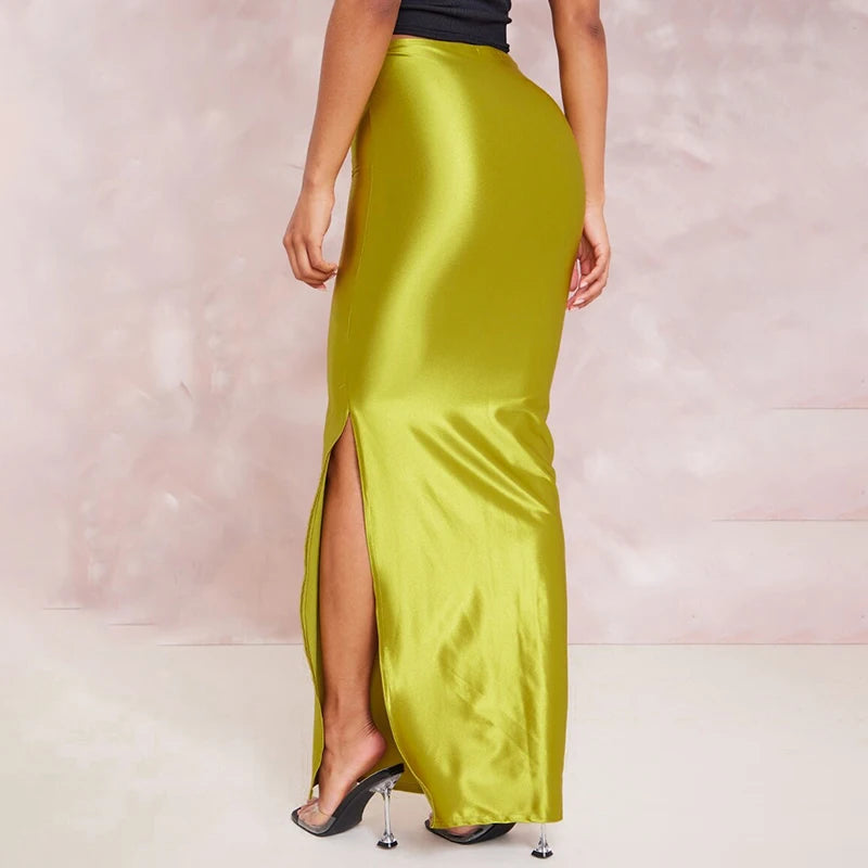 CUTENOVA Stain Long Solid Color Skirt Elegant High Waist Side Split Maxi Skirts Party Sexy Clothes for Women Autumn 2024