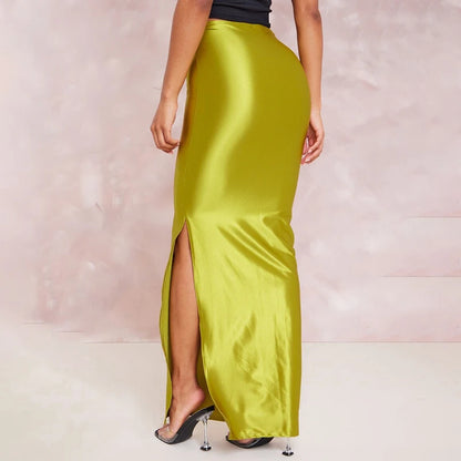 CUTENOVA Stain Long Solid Color Skirt Elegant High Waist Side Split Maxi Skirts Party Sexy Clothes for Women Autumn 2024