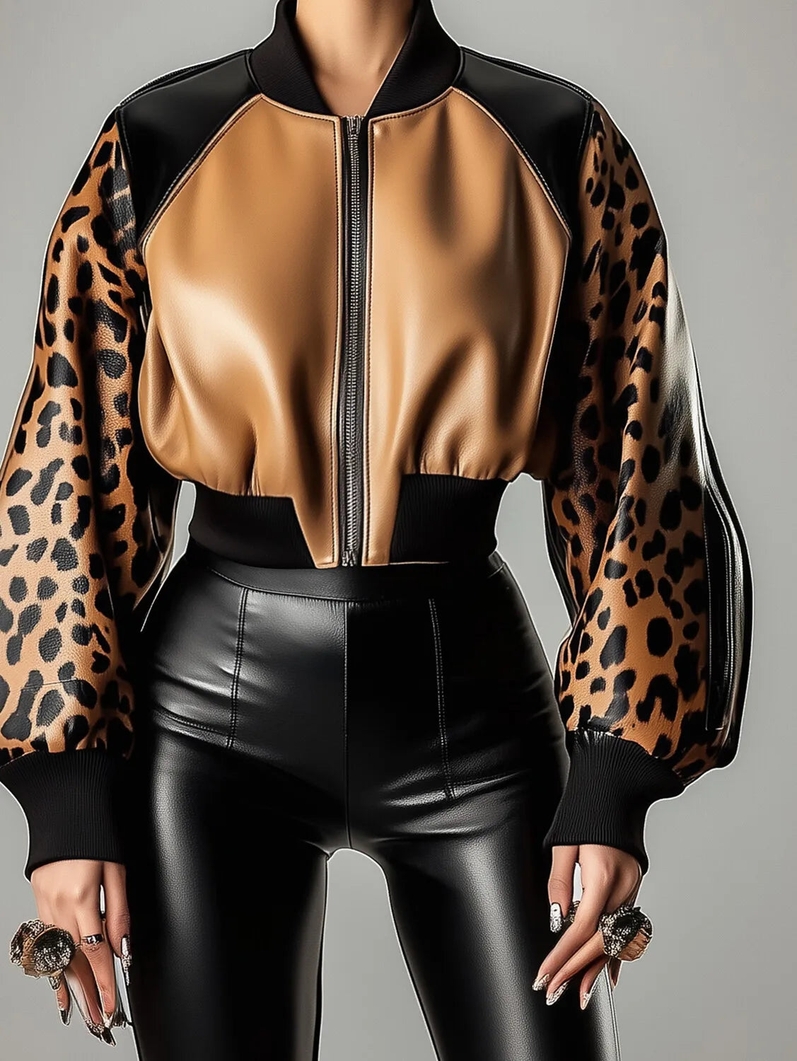 Women's PU Leather Jacket Leopard Print Patchwork Lantern Sleeve Coat Zippers Female Spring Autumn O Neck Short Baseball Jacket
