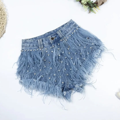 Rhinestone Beaded Exquisite Feather High Waist Denim for Women's Blue Jeans Shorts DS Nightclub Sexy Hot Pants Fashion