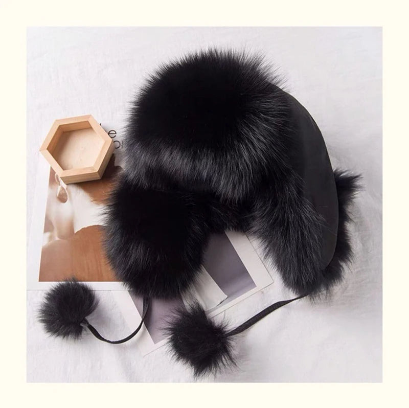2025 100% Real Fox Fur Hats Women's Russian Ushanka Aviator Trapper Snow Skiing Hat Caps Earflap Winter Raccoon Fur Bomber Hat
