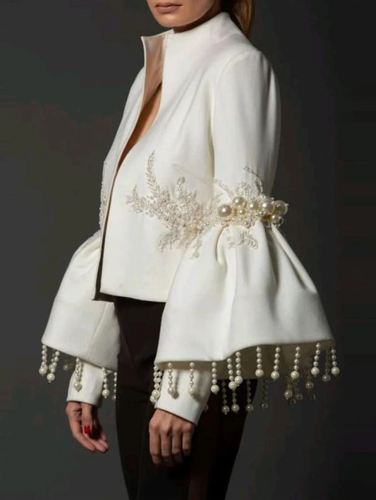 Women Pearl Tassel Jacket Fashion Elegant Stand Collar Pearl Fringed Decor Embroidery Flare Sleeve Coat Autumn Winter Outwear