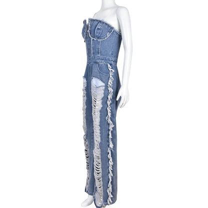 Sibybo Tassel Hollow Out  Overalls For Women Studded Diamond Strapless Backless Jeans Street Fashion Trend Jumpsuite Femme