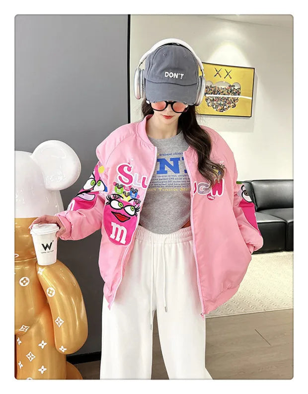 Cross-border Cartoon Embroidery Baseball Jacket For Men Women Casual Loose Fit Hip Hop Top Spring Autumn Letter Couple Jacket