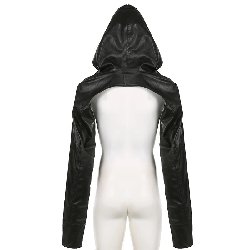 BIIKPIIK Fashion Streetwear Leather Jacket Punk Gothic Black Hooded Coat For Women Full Sleeve All-match Hot Outfit Club Vintage