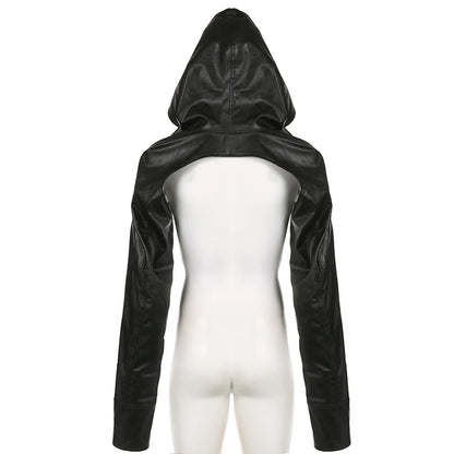 BIIKPIIK Fashion Streetwear Leather Jacket Punk Gothic Black Hooded Coat For Women Full Sleeve All-match Hot Outfit Club Vintage