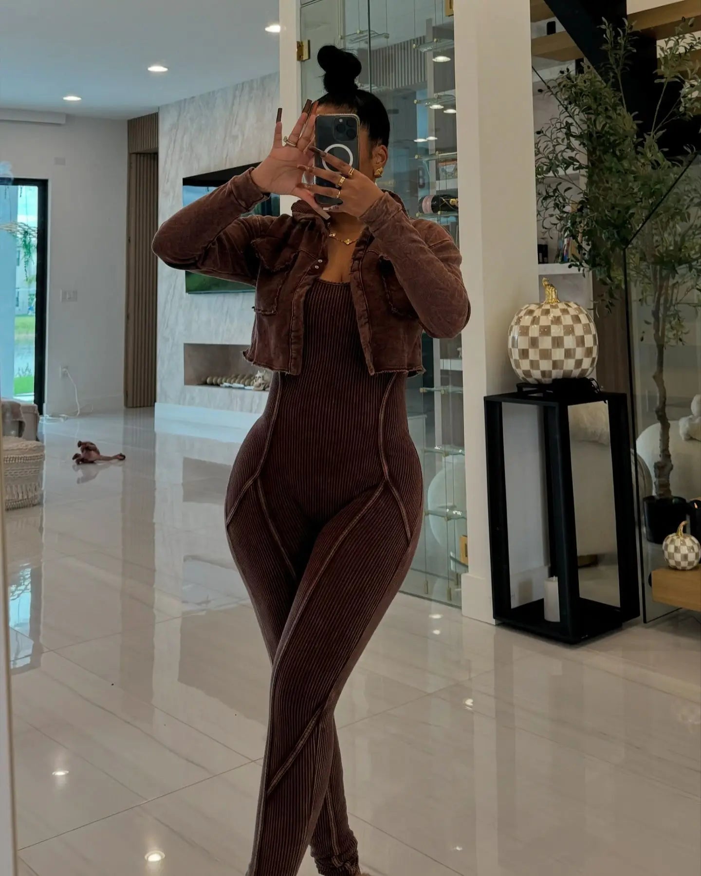 FAGADOER High Quality Rib Women 2 Piece Set Outfit Fashion Long Sleeve Crop Jacket + Bodycon Jumpsuits Suits Clothing 2025 New