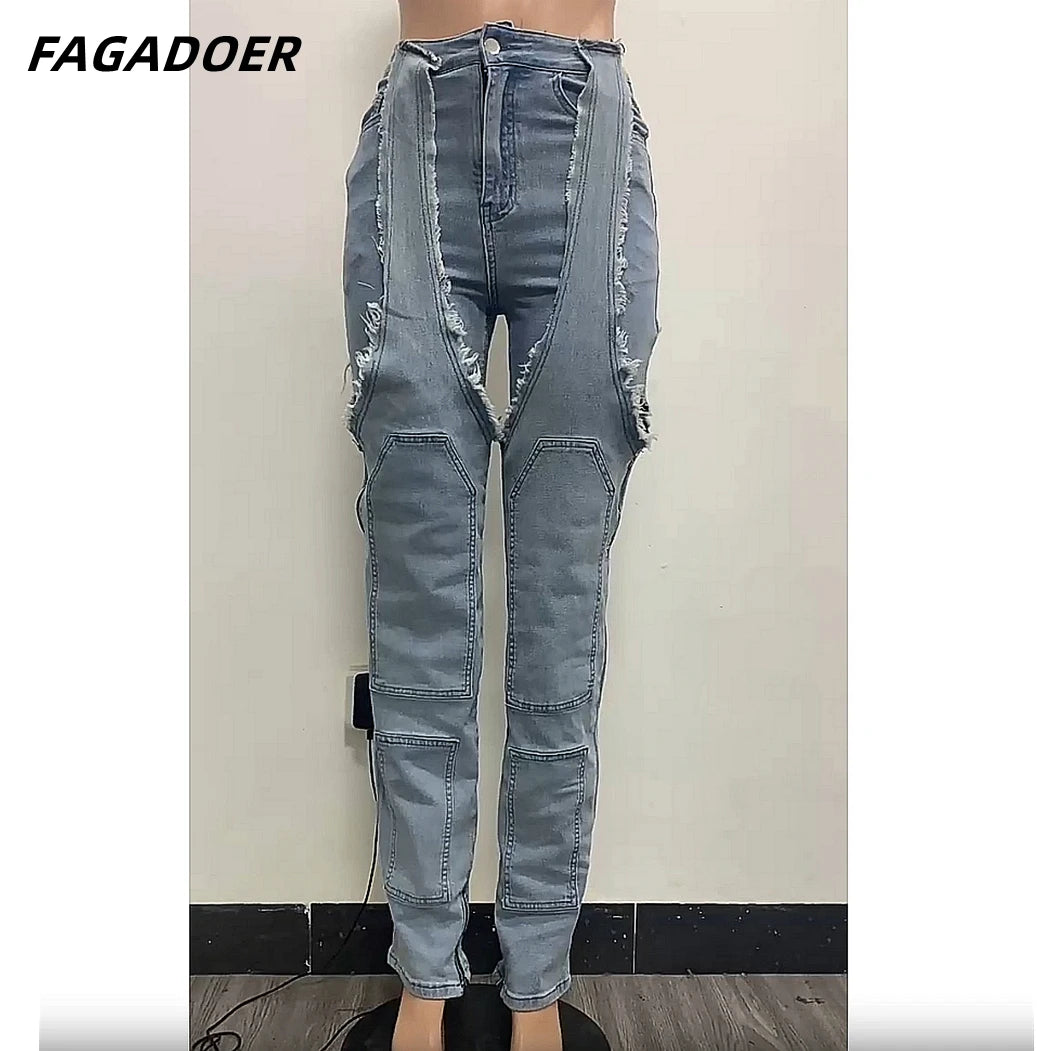 FAGADOER Hollow Out Sexy Denim Pants Women Irregular High Waist Cargo Patchwork Elasticity Jeans Hot Girl Y2k Streetwear Bottoms