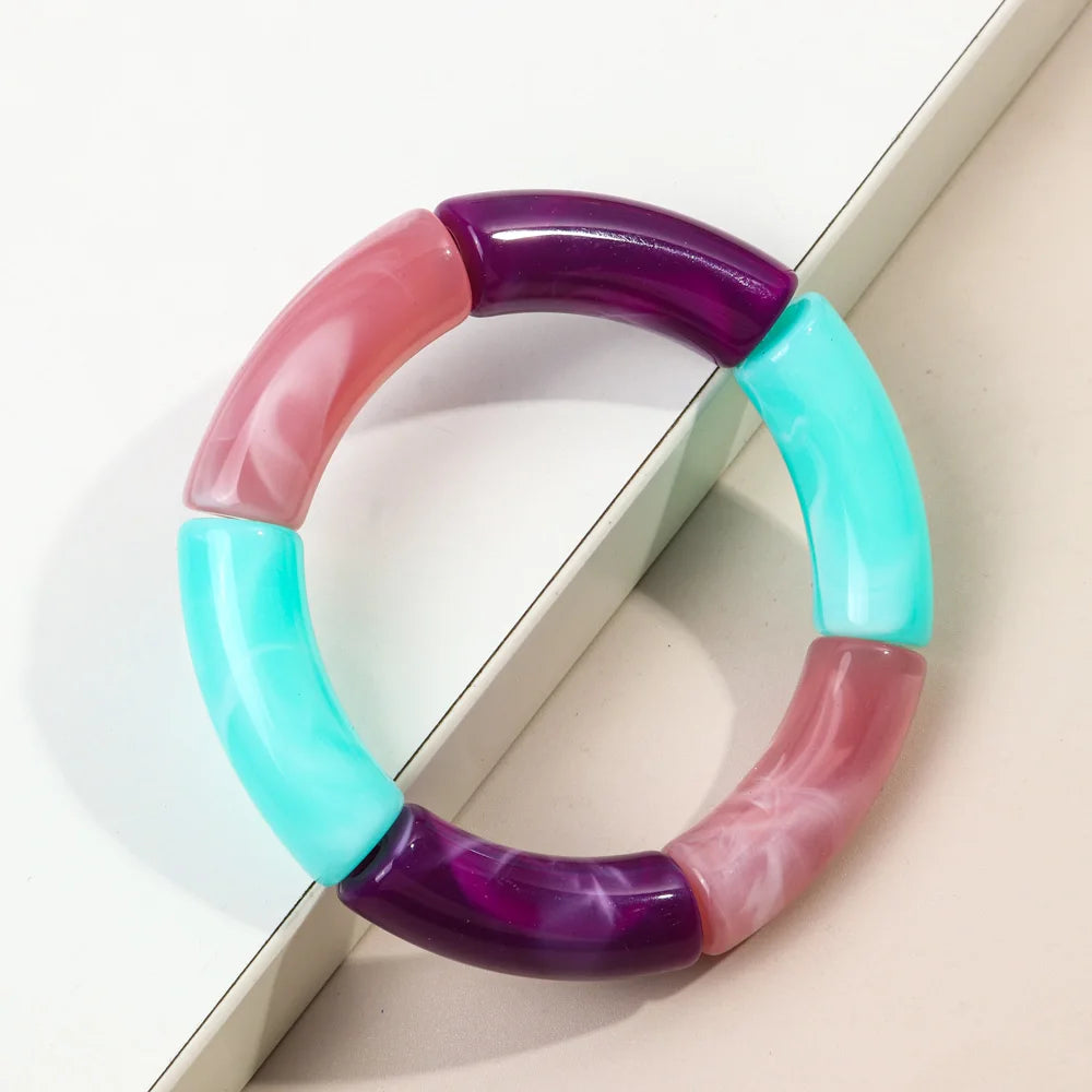 FishSheep Trendy Acrylic Stacked Bamboo Beads Bangles Bracelets for Women Bohemian Resin Elastic Beaded Bracelets Set Jewelry
