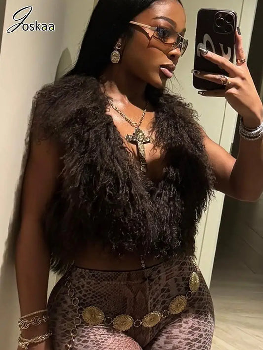 Joskaa Sexy Faux Fur Waistcoat Women Furry Backless Bandage Halter Crop Vests Coat 2025 Fashion Warm Outerwear Y2K Streetwear