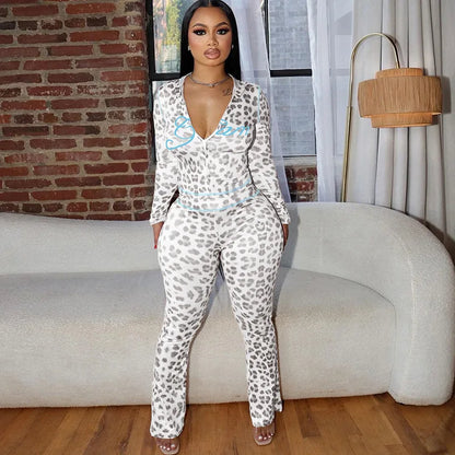 FAGADOER Sexy Leopard Print 2 Piece Sets Women Outfit Long Sleeve Zipper Hooded Crop Jacket + Flare Pants Suits Female Clothing