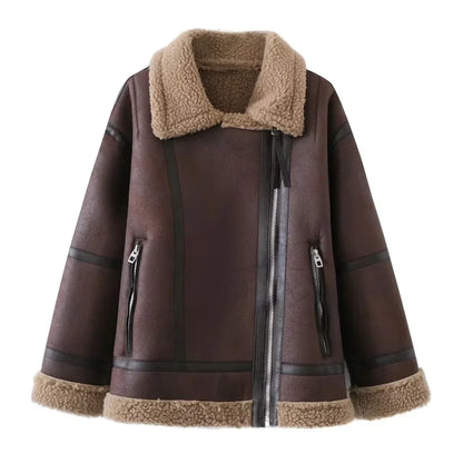 Winter Women Warm Coats Thick Faux Leather Jacket Vintage Lapel Long Sleeve Zipper Overcoat Fashion Loose Oversize Coats Female