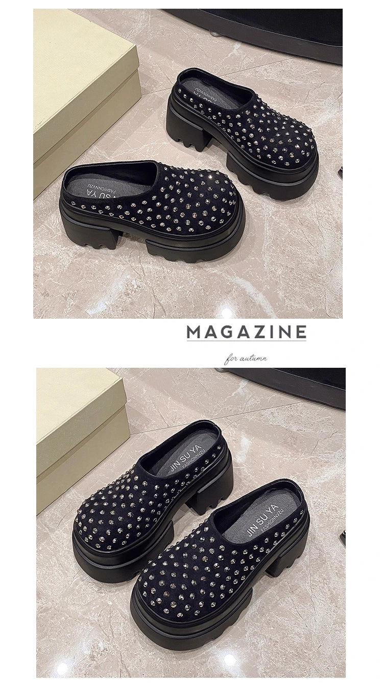 10CM New Rivet Platform Women Slippers Fashion Chunky High Heeled Sandals Comfort Roma Style Round Toe Slide Mule Shoes Summer