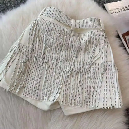 XFPV American Style Women's Shorts Summer Belt Gathered Waist Zipper Spliced Beading Tassel Shorts Female New Fashion 22D1803