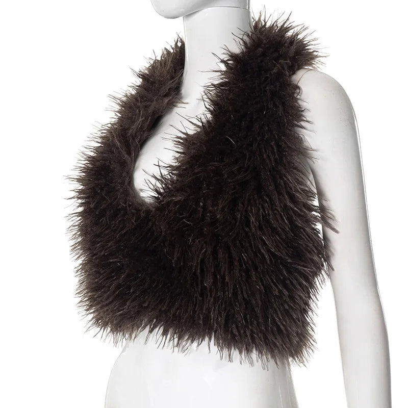 Joskaa Sexy Faux Fur Waistcoat Women Furry Backless Bandage Halter Crop Vests Coat 2025 Fashion Warm Outerwear Y2K Streetwear