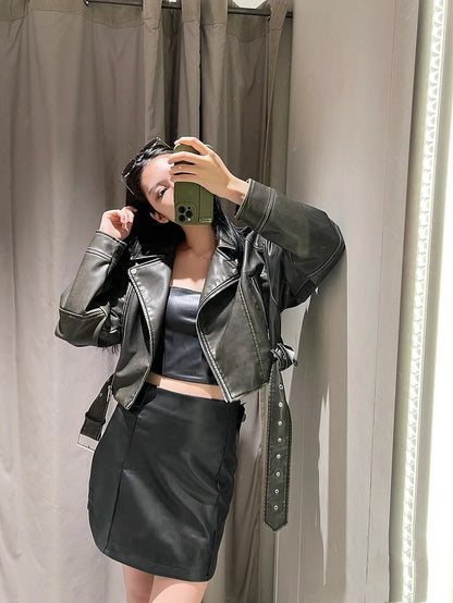 RARF Women's new vintage wash to do old short lapel long sleeve loose pu imitation leather jacket coat