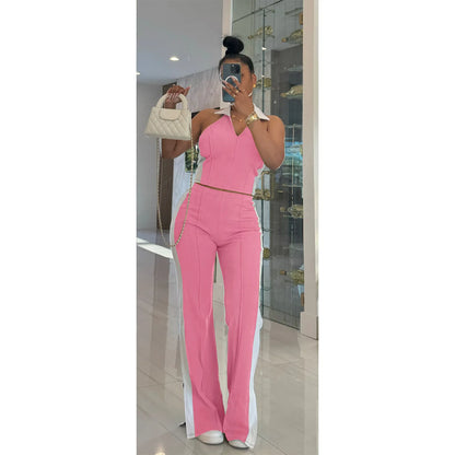 CM.YAYA Sporty Patchwork Women's Set Sleeveless Polo-tank Tops and Slit Flare Pants 2025 Active Two 2 Piece Set Outfit Tracksuit