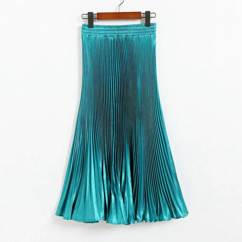 Women's Fashion Pleated Mermaid Long Skirt Korean Style Casual High Waist Satin Flowy Skirts Shiny 19 Colors 2024 Spring SK500