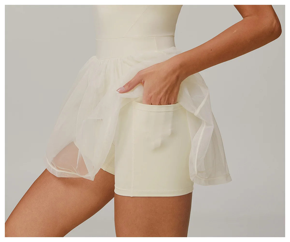 Custom LOGO women's recycled dress mesh yarn breathable and quick-drying sports running anti-light tennis skirt