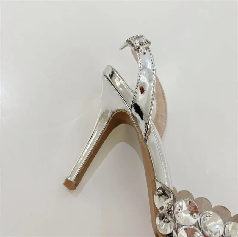 Liyke Elegant Pointed Toe Slingback Stiletto Sandals Crystal Diamonds Women Pumps High Heels Wedding Prom Shoes Zapatos Mujer