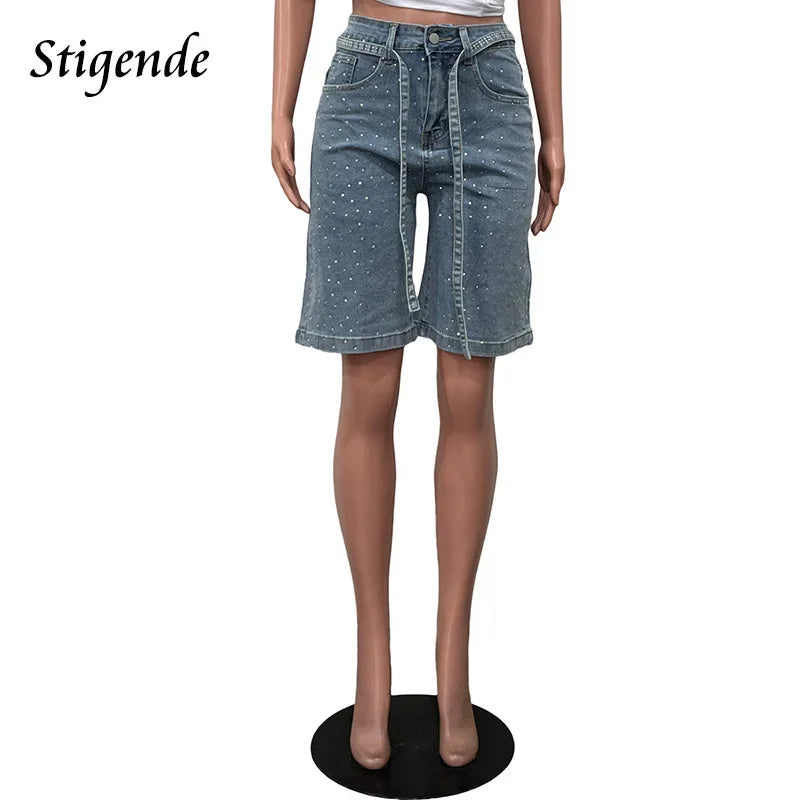 Stigende Women Sexy Rhinestone Denim Shorts with Belt Wide Leg Sequin Short Jeans