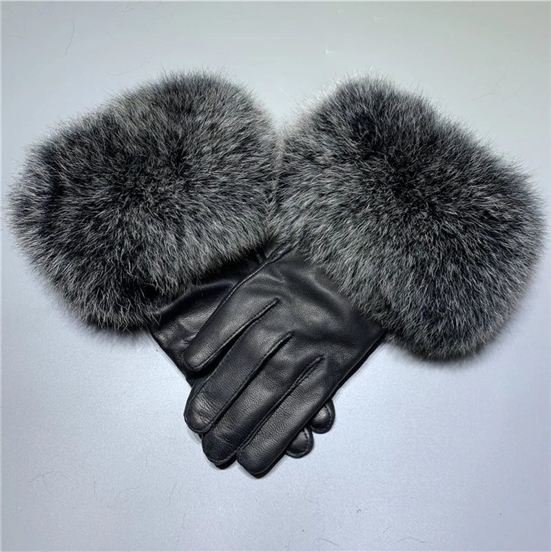 Jxwatcher Wholesale Fox Fur Gloves Winter Female Luxury Style Warm Sheepskin Genuine Leather Gloves Driving Thickening Mitten