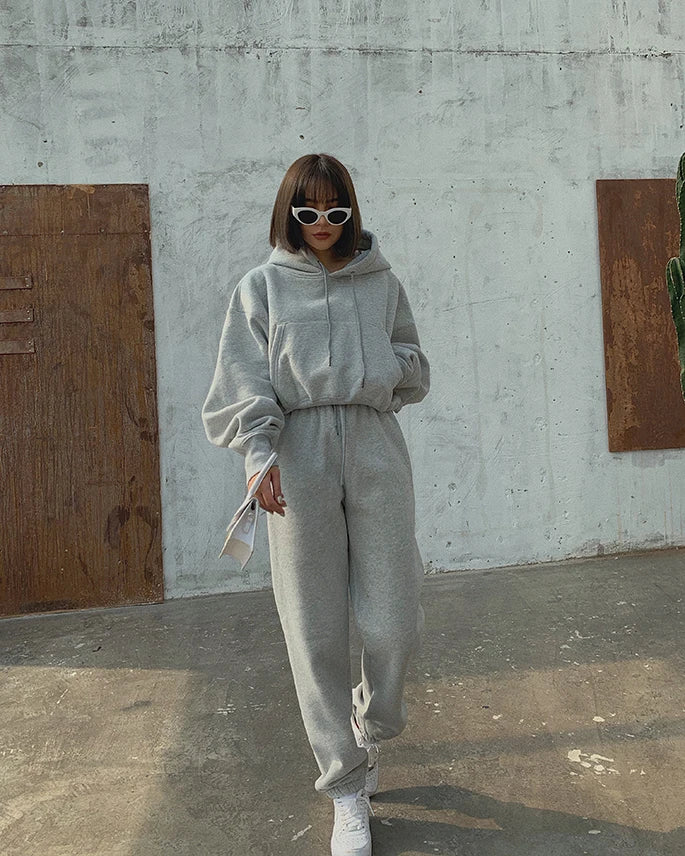 Casual New Fashion Hoodies Suit Women Winter Spring Solid Tracksuit Two Pieces Set Sports Pullover Sweatpants Sweatshirt Mujer