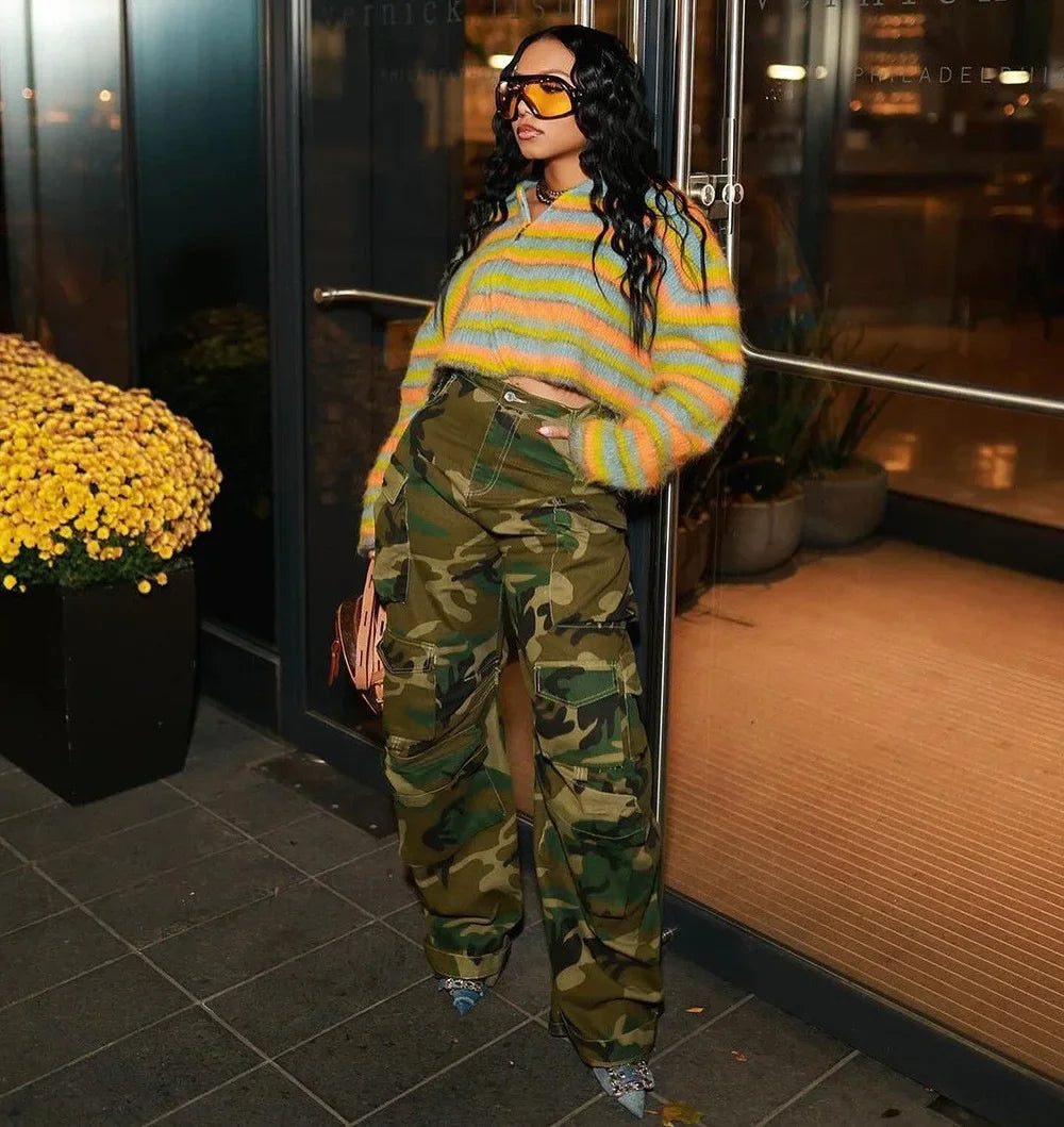 Solid Casual Baggy Cargo Pants for Women Youthful Female Trousers Multi-pocket Fashion Vintage Women's High Waist Wide Pants