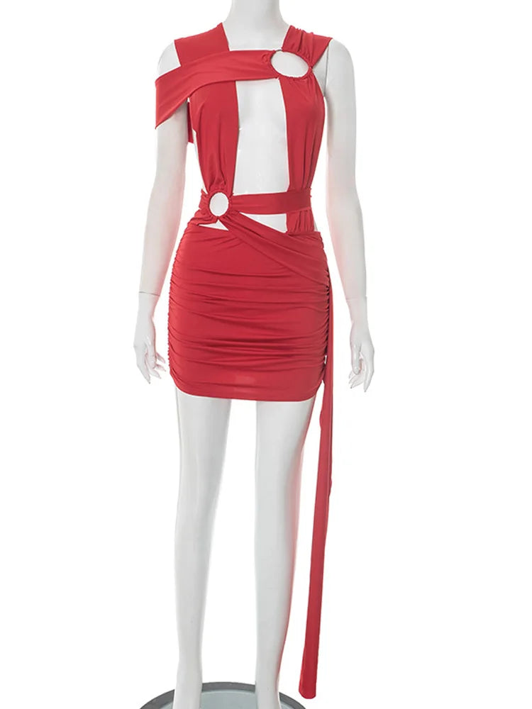 Beyprern Women's Cut Out O-Rings Metal Short Dress Sexy Hollow Out Long Straps Slim Night Out Party Dresses Clubwear Vestidos