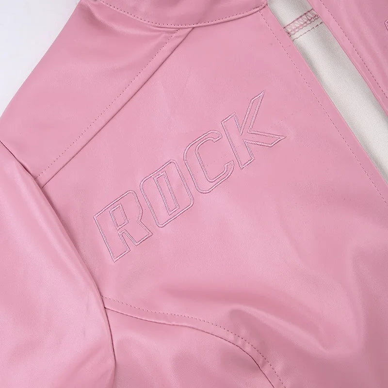 FAGADOER Y2k Punk Gothic Leather Jacket Women Cropped Lapel Letter Embroidery Moto Jackets Coat Short Female Streetwear New
