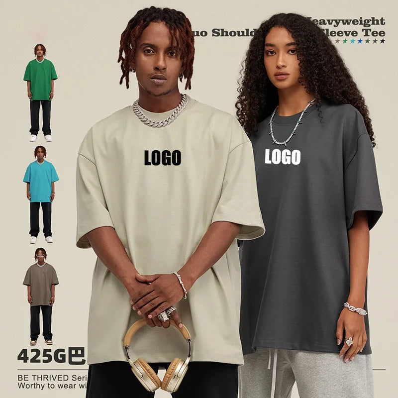 Custom LOGO men's and women's couples shirt 425G heavy cotton t-shirt loose youth fashion short-sleeved high-quality top