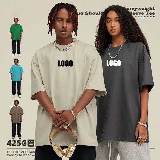 Custom LOGO men's and women's couples shirt 425G heavy cotton t-shirt loose youth fashion short-sleeved high-quality top