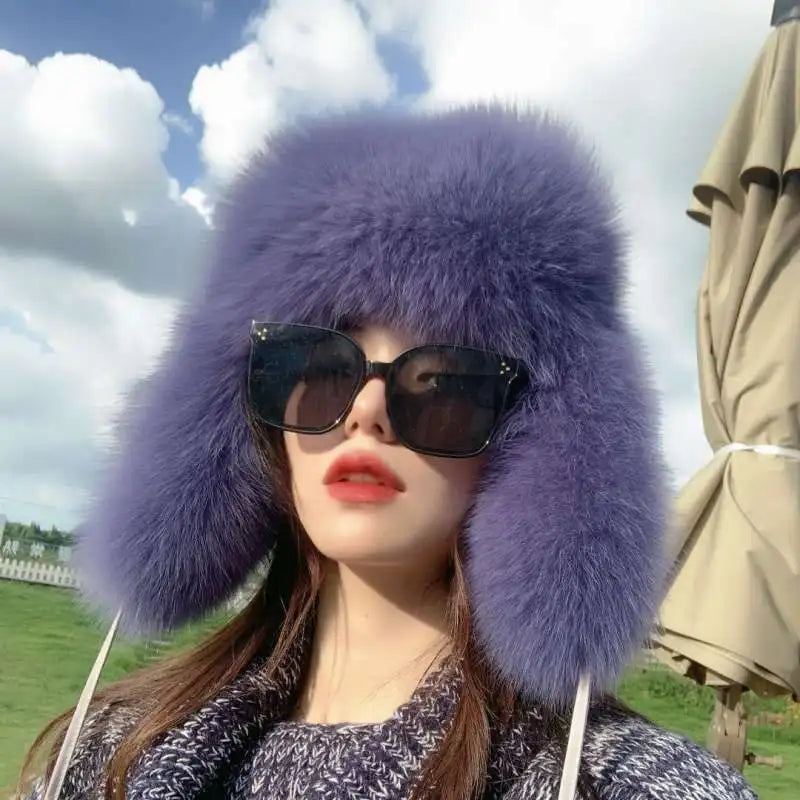 2025 100% Real Fox Fur Hats Women's Russian Ushanka Aviator Trapper Snow Skiing Hat Caps Earflap Winter Raccoon Fur Bomber Hat