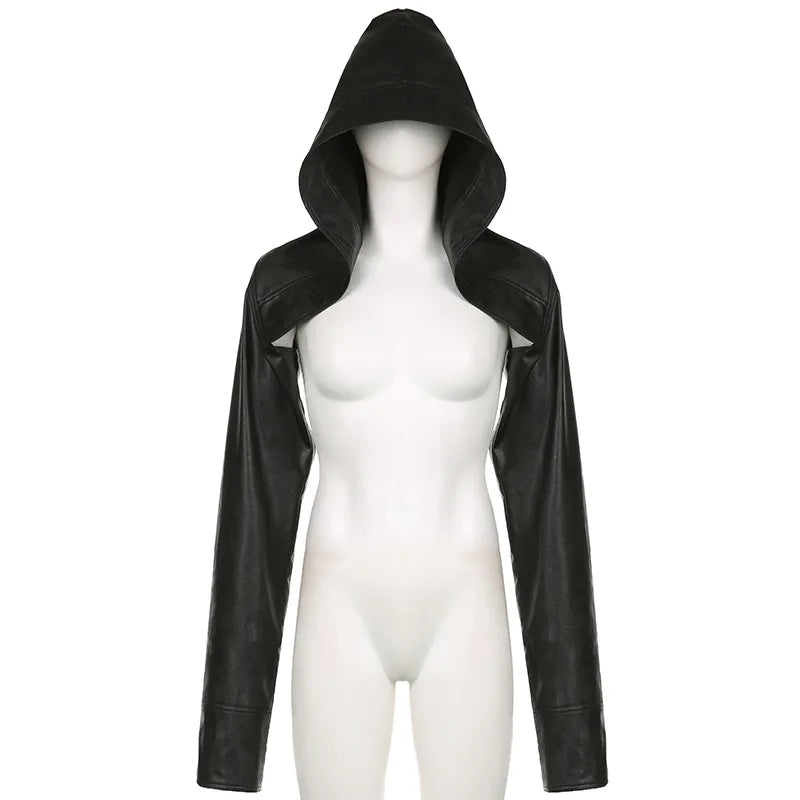 ALLNeon Y2K Rave Faux Pu Leather Hooded Cropped Jackets Tops Baddie Punk Long Sleeve Hoodies Short Coat Women Hot Street Outwear