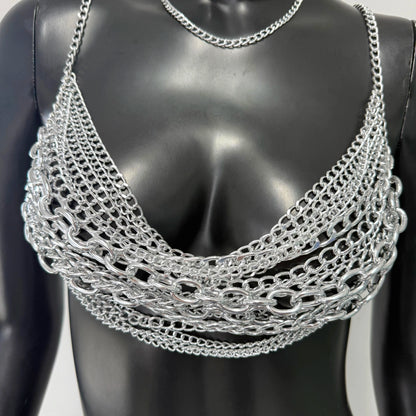 New Variety Of Body Chain Temperament White Pearl Suspender Silver Chain Top Metal Layered Fashionable Women's Clothing