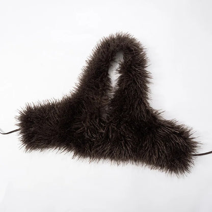 Joskaa Sexy Faux Fur Waistcoat Women Furry Backless Bandage Halter Crop Vests Coat 2025 Fashion Warm Outerwear Y2K Streetwear