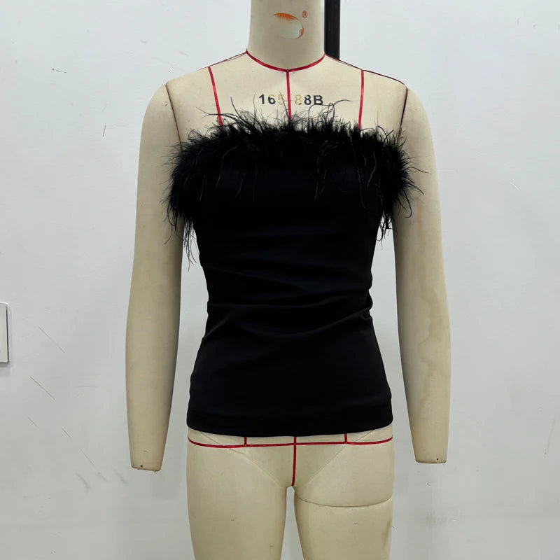 MUJER Black Feather Crop Top Women off Shoulder Corset Top Female Sexy Backless Tube Tops for Women Strapless Bustier Top Woman