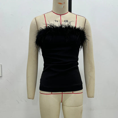 MUJER Black Feather Crop Top Women off Shoulder Corset Top Female Sexy Backless Tube Tops for Women Strapless Bustier Top Woman