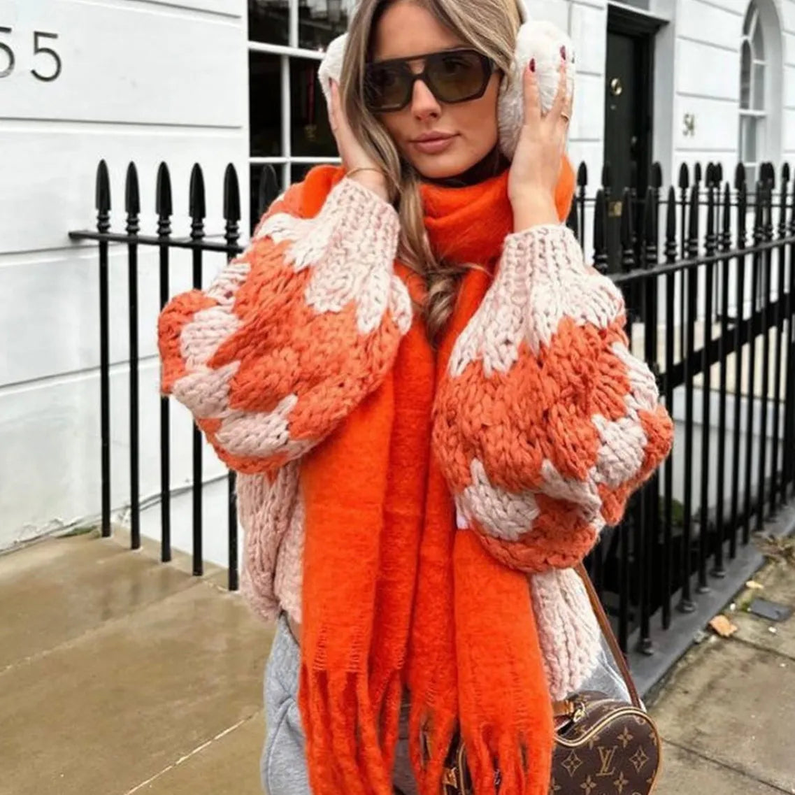 Imcute Women Oversized Cardigan Sweaters Color Block Long Sleeve Chunky Knit Sweaters Coat Y2K Open Front Colorful Cardigans
