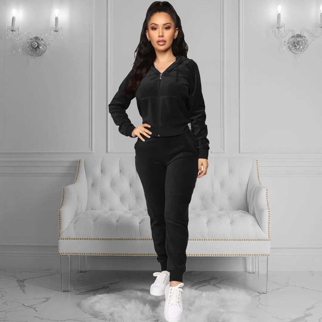 Women Pant Sets Comfortable Velvet Matching Sets Two Piece Set Autumn Loose Zipper Hoodie Jacket Elastic Waist Skinny Pants Sets