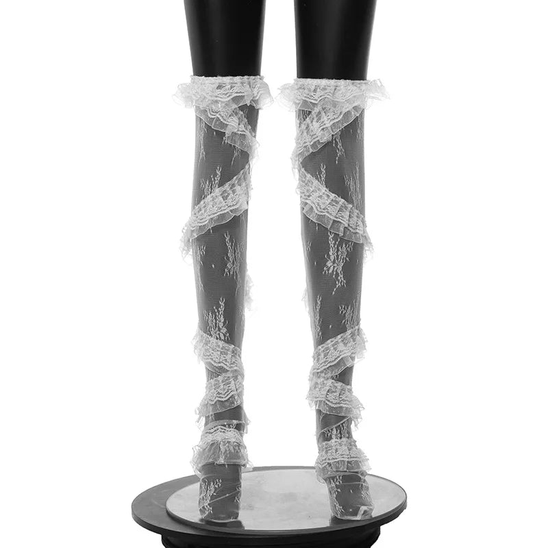 BKLD Stockings Women Spring New Fashion Ruffles Patchwork Loose Lace Knee High Socks Harajuku Streetwear Fishnet Stockings