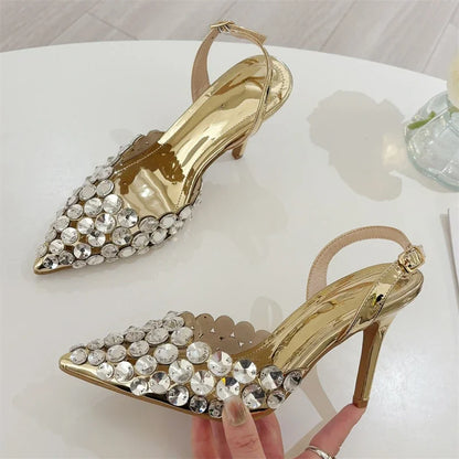 Eilyken Sexy Pointed Toe Women Pumps Elegant Crystal PVC Transparent Thin High Heels Slingback Party Prom Female Shoes