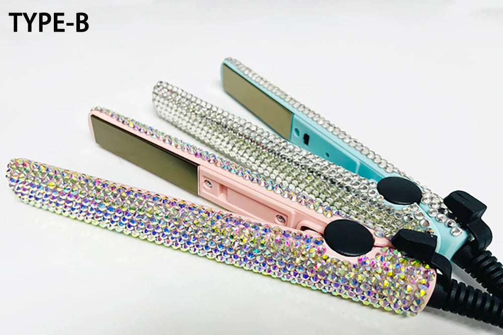 Mini Hair Straightener and Curler With Diamonds 2 in 1 Portable Mini Bangs Flat Iron Tourmaline Plate Flat Iron For Short Hair